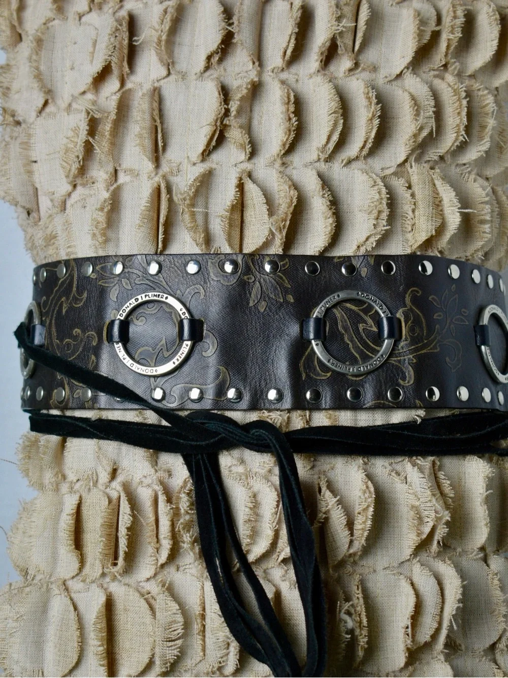 Donald J Pliner Leather Wrap Belt Chocolate Brown Studded Embossed Tie Rare